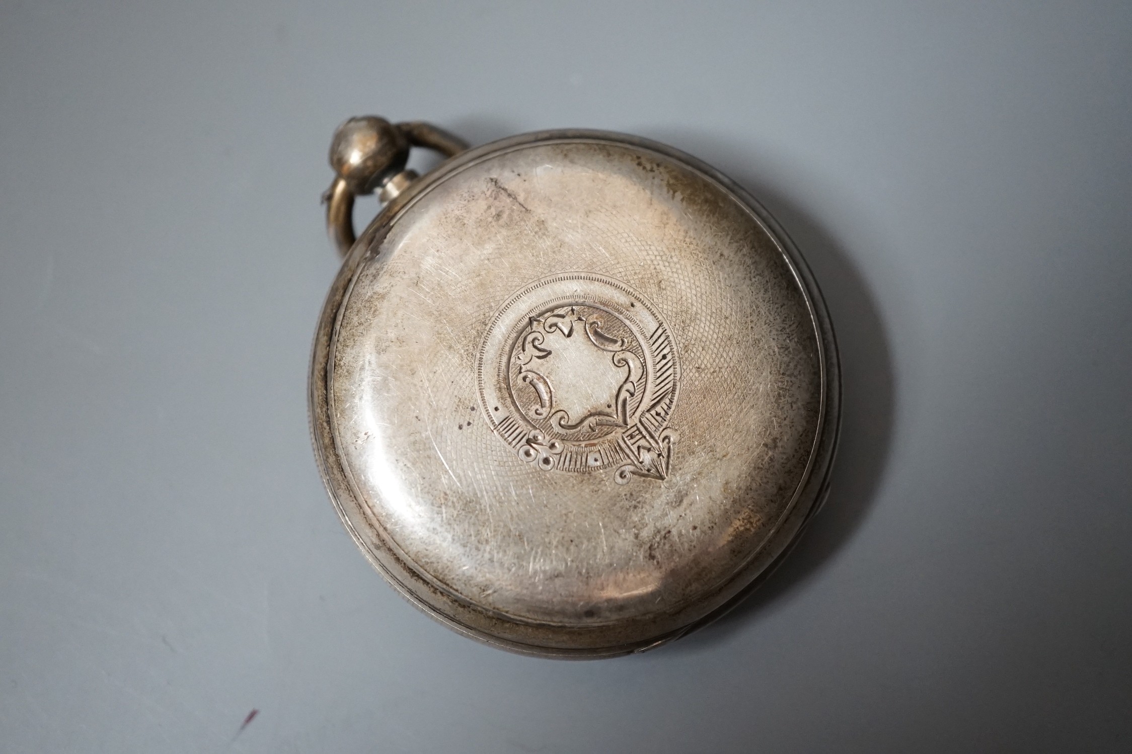 A late Victorian silver keywind open faced pocket watch, with Roman dial and subsidiary seconds.